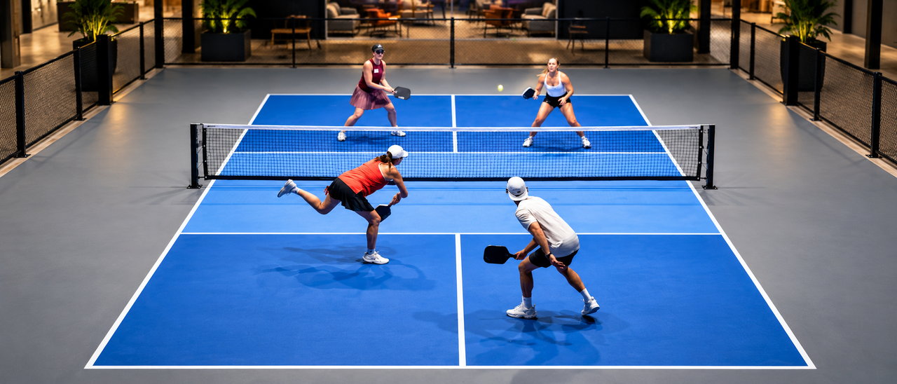 A doubles rally on the indoor courts at The Grove